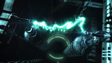 realistic 3d render of a fantasy machine in the steampunk style, with plasma energy beam