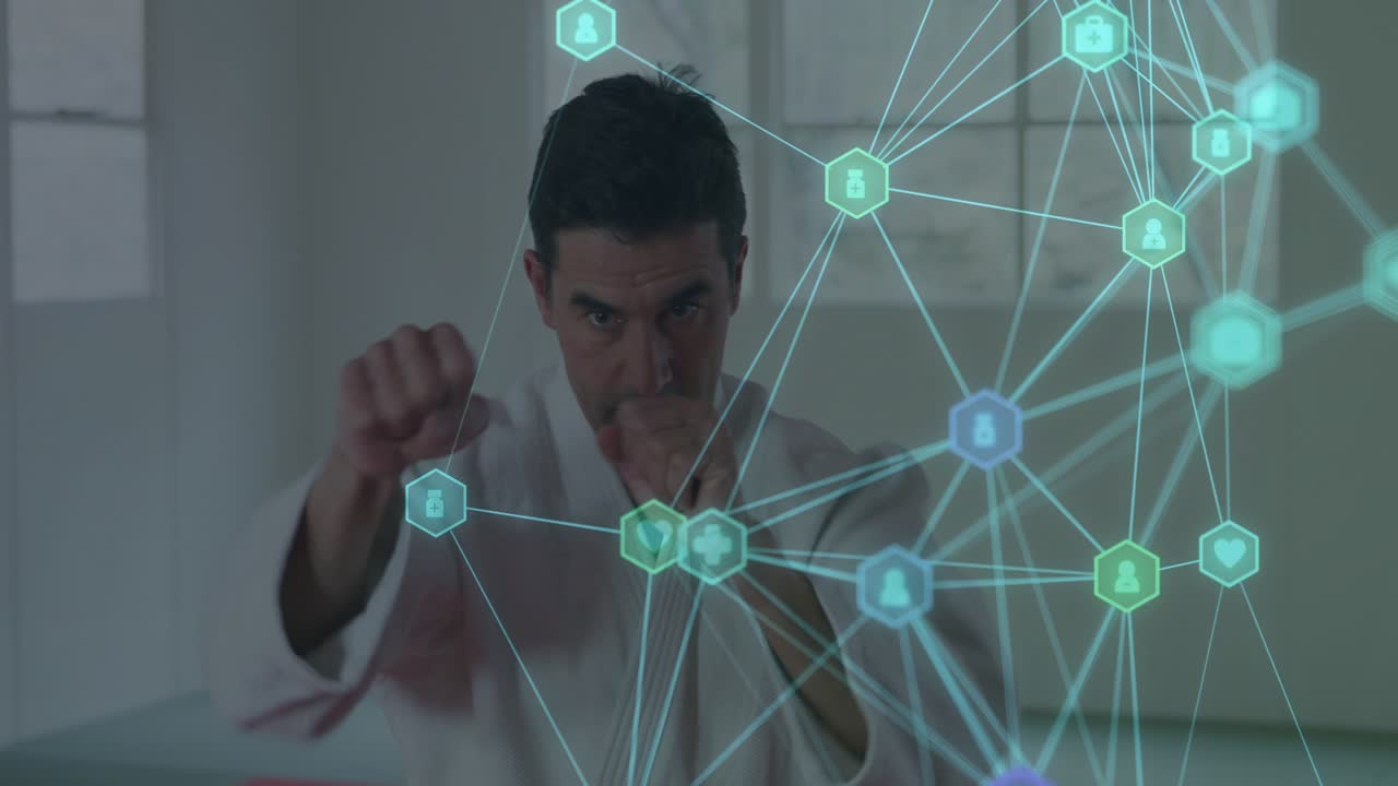 Mature man initiating interaction by punching at network overlay, pinching nodes for tech demo