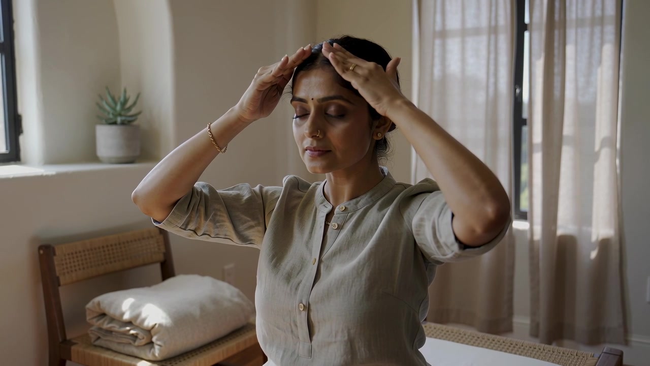 Donna che si massaggia con una camicia beige premendo la punta delle dita lungo l'attaccatura dei capelli sul letto a casa in cerca di relax