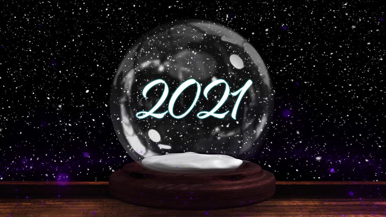 animación de nieve cayendo sobre un globo de nieve con texto de 2021 en fondo negro