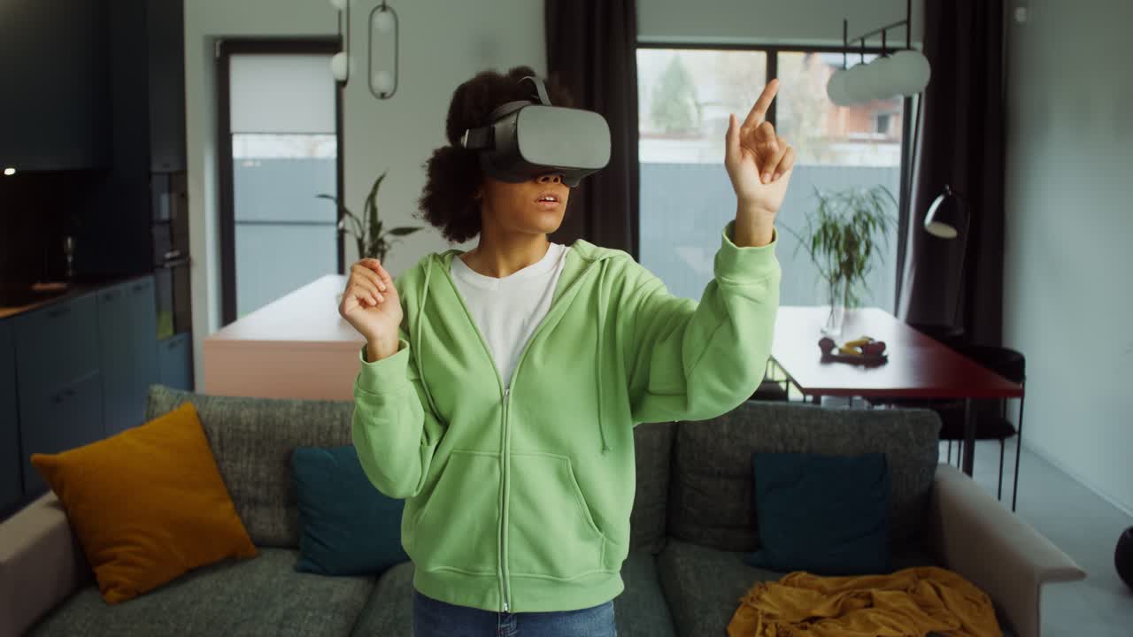 Woman Experiencing Virtual Reality at Home
