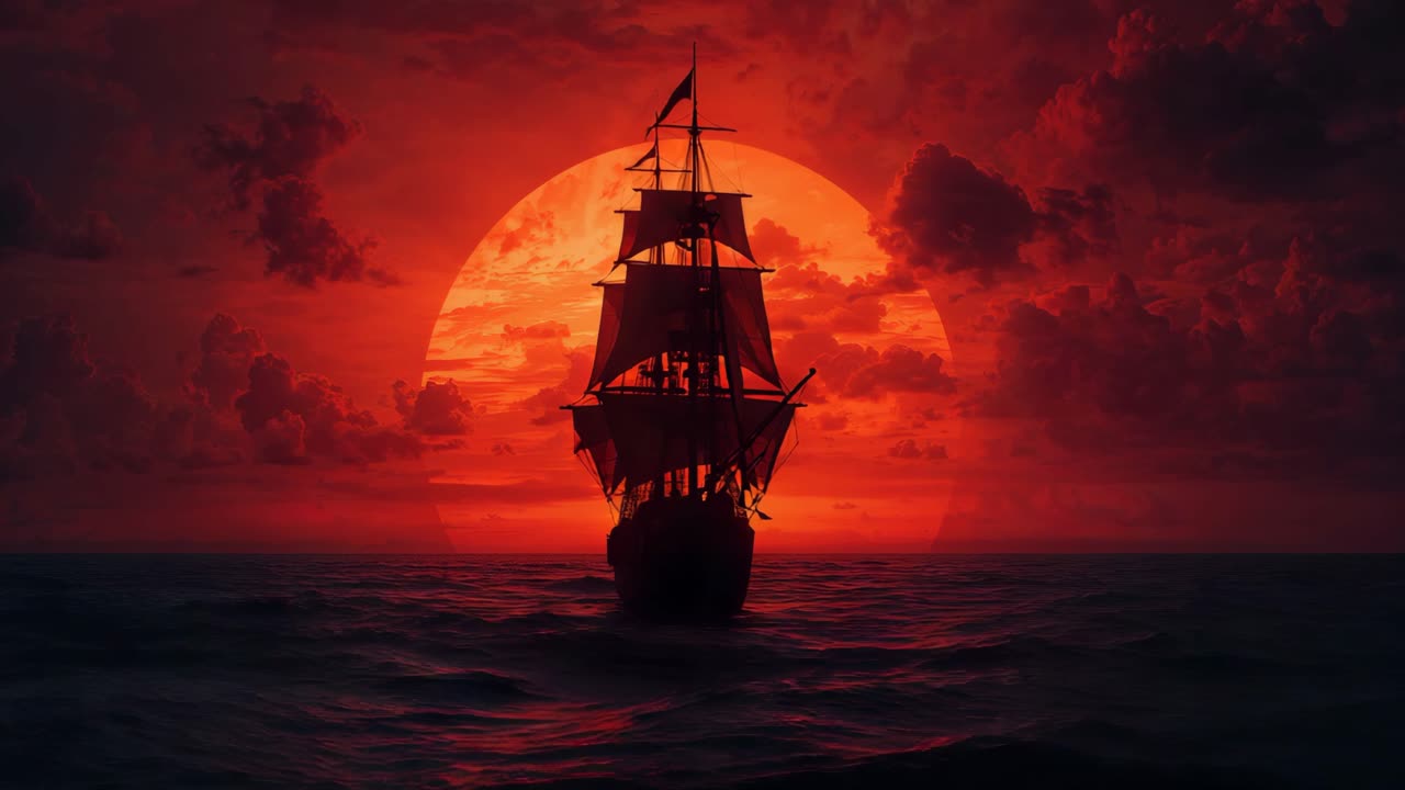 Silhouette of a ship at sunset