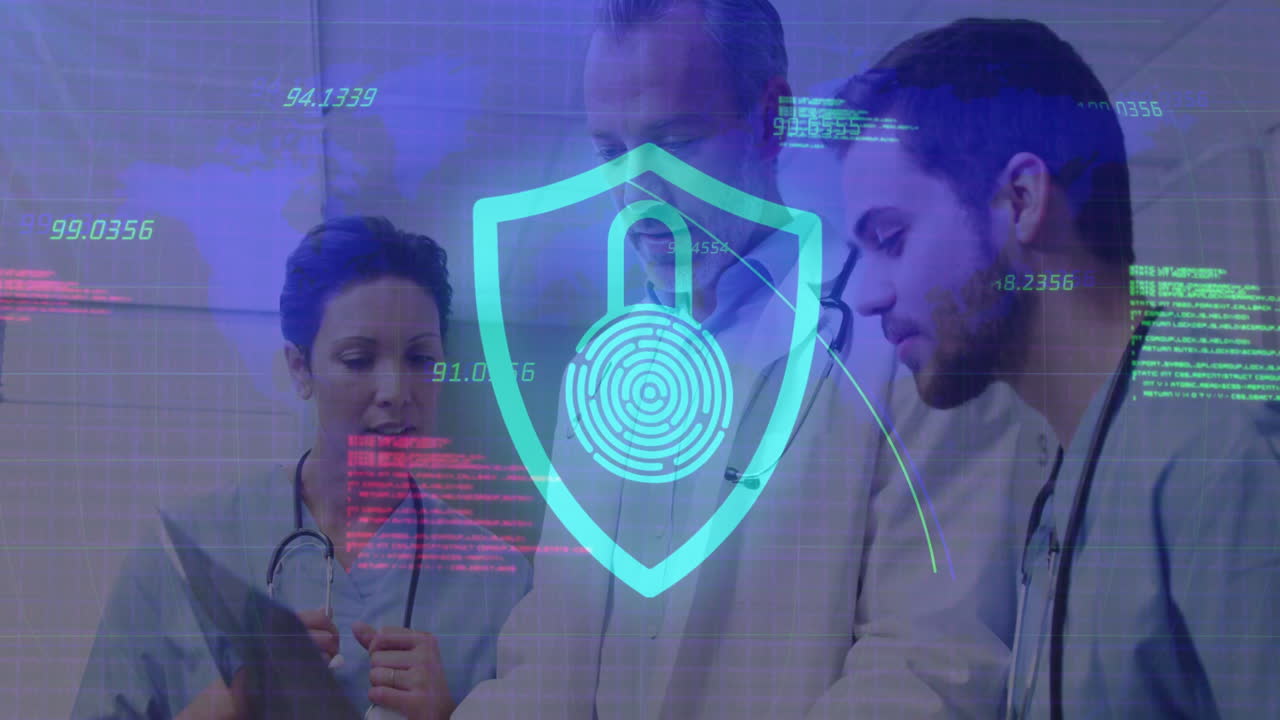Animation of financial data processing and shield icon over diverse doctors in hospital