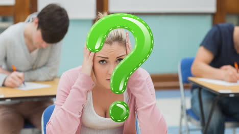 animation of green question mark over stressed female highschool student at desk in classroom