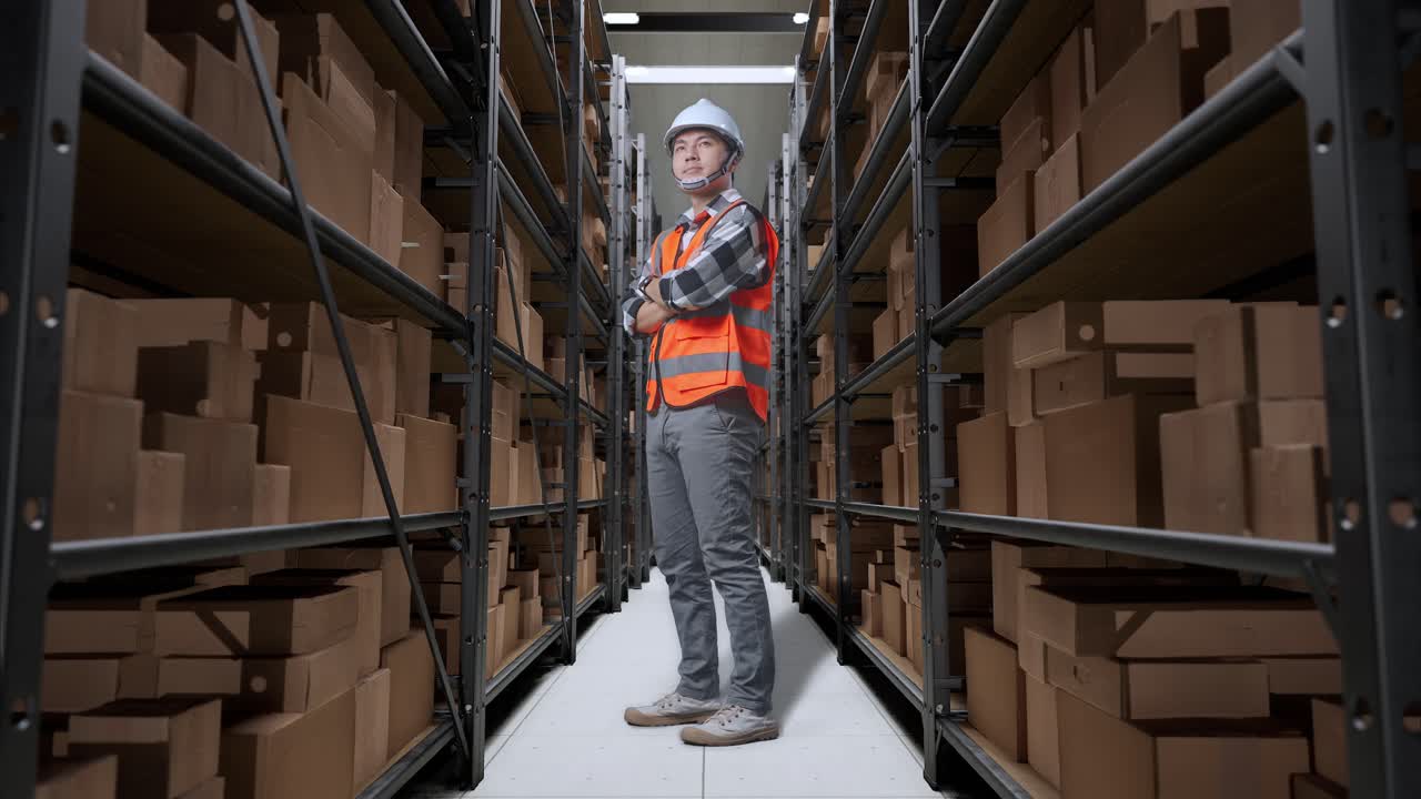 vista lateral completa del cuerpo de un ingeniero masculino asiático con casco de seguridad de pie en el almacén con estantes llenos de mercancías de entrega. cruzando los brazos en el almacenamiento