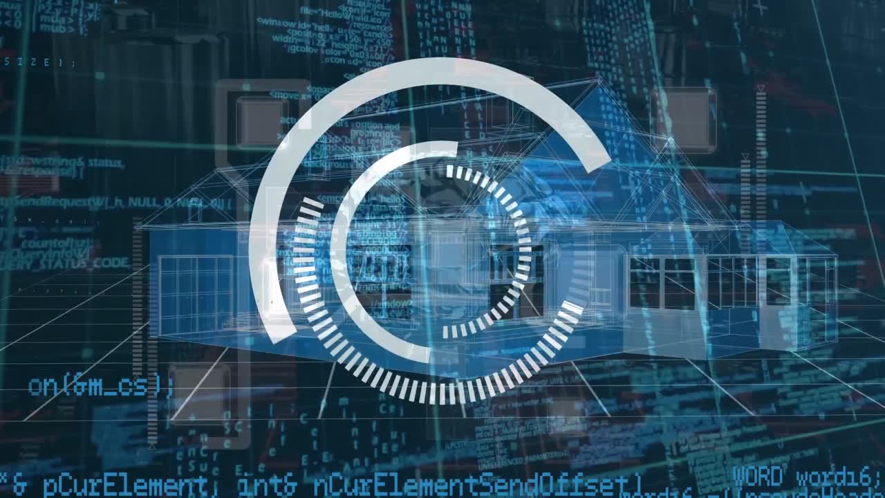 Animation of scope scanning over digital house and data processing on black background