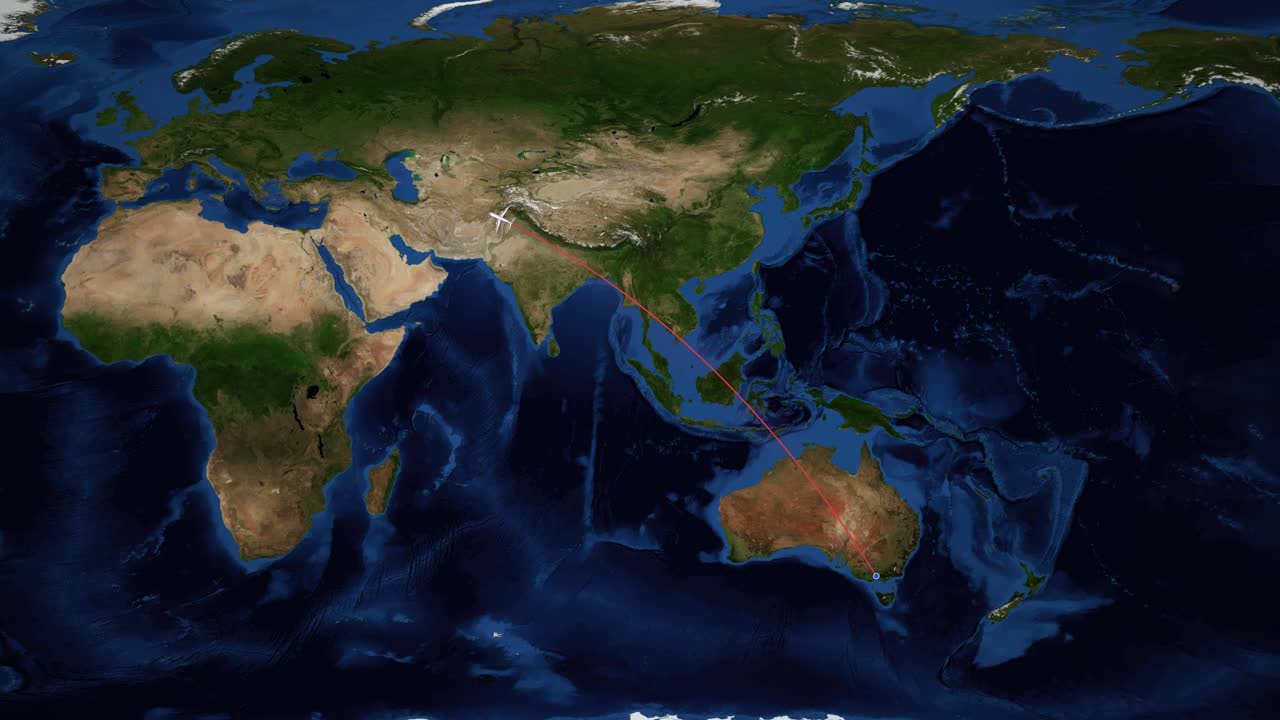 A red line tracks an airplane flying across a satellite map from Melbourne to Vienna