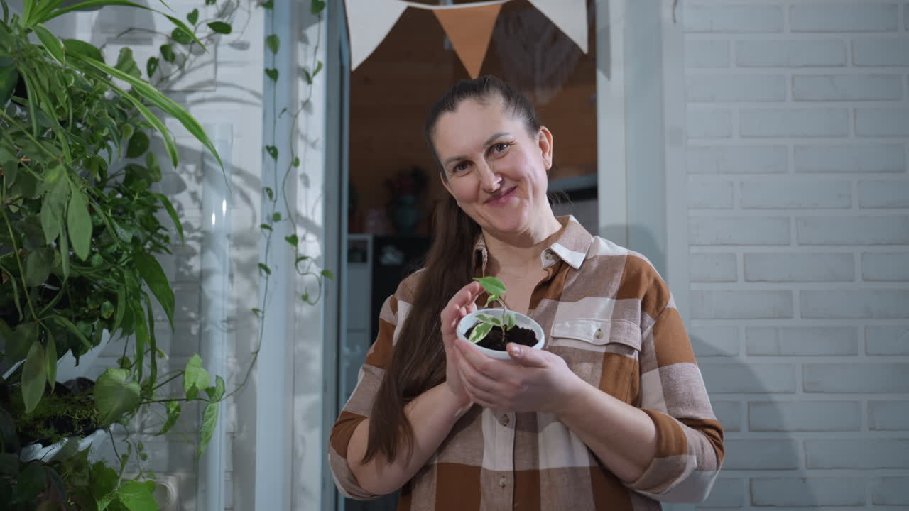 Cheerful nature devotee holding newly planted green sprout in white plastic planter, shadow casting on brick wall behind her while hanging planters decorate indoor plant, joyful gardening bliss