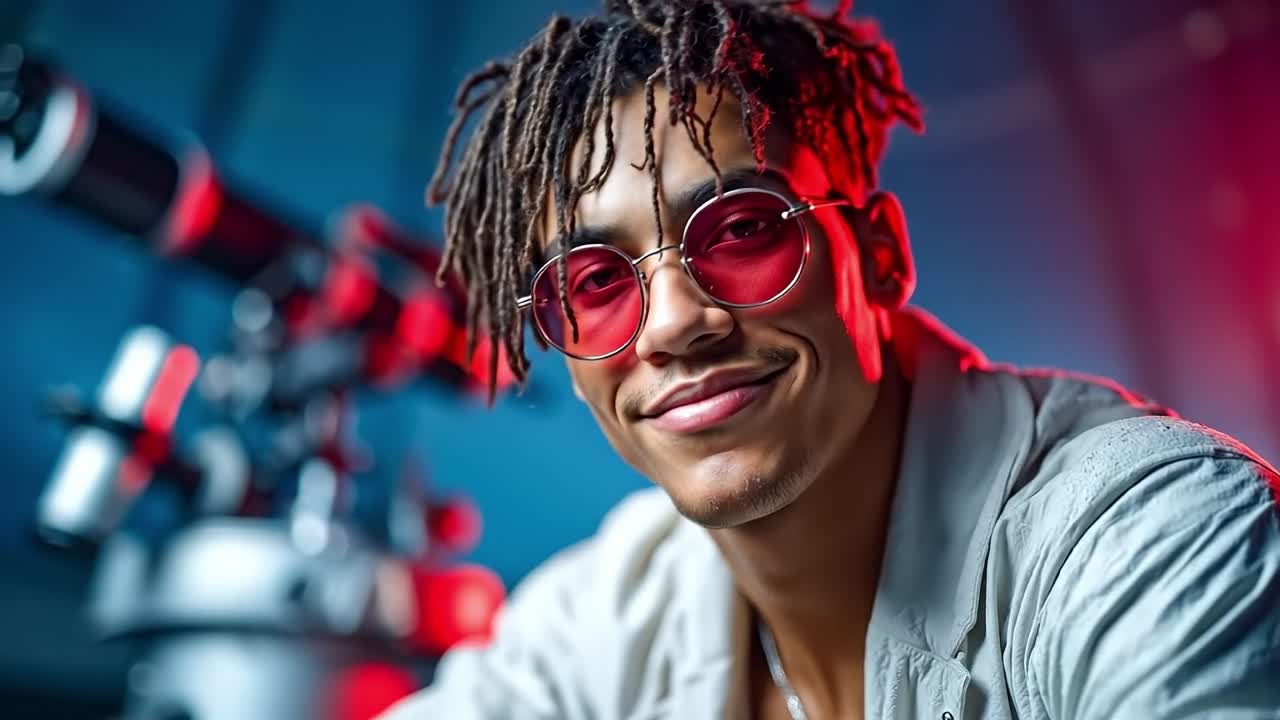 A man with dreadlocks wearing a white shirt and red sunglasses