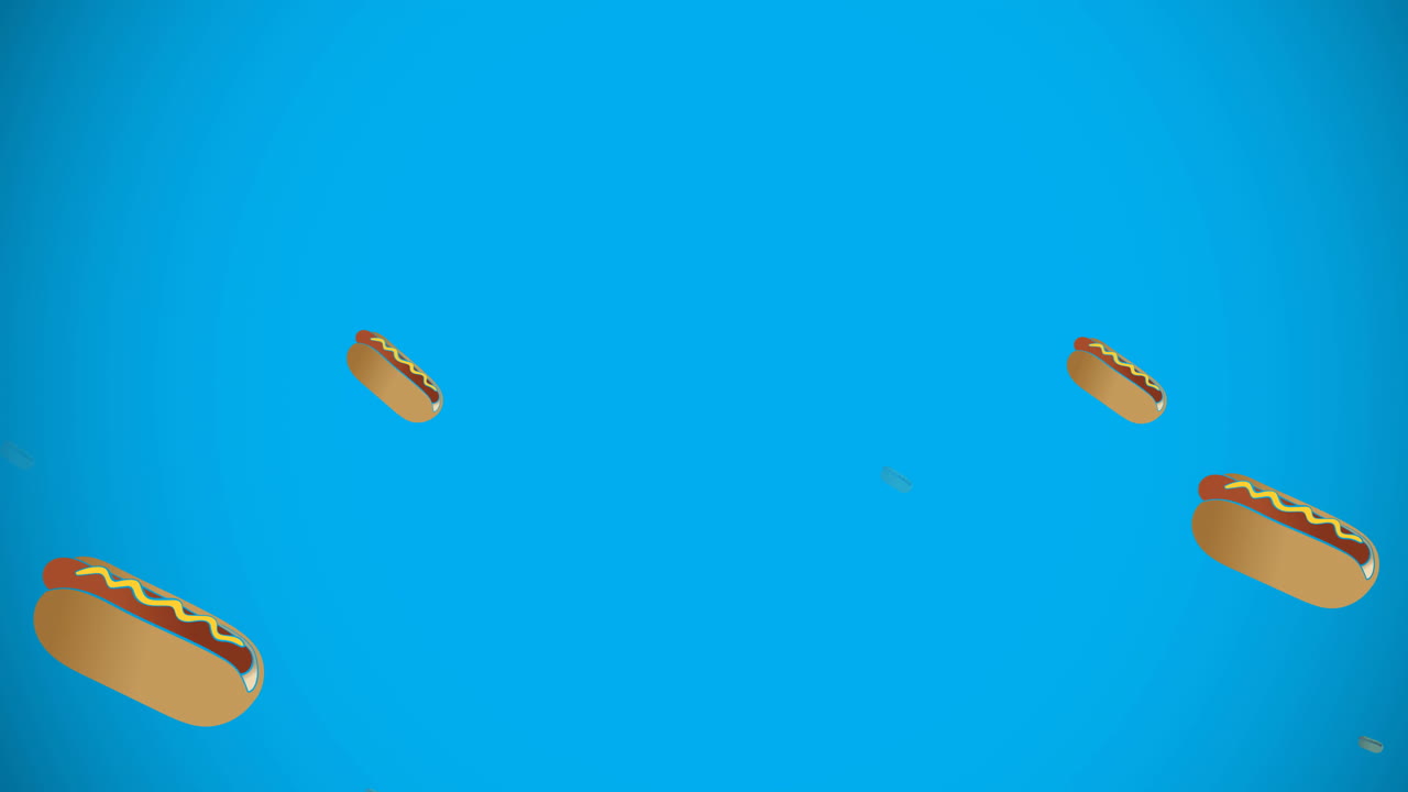 animación de varios iconos de perritos calientes sobre un fondo azul