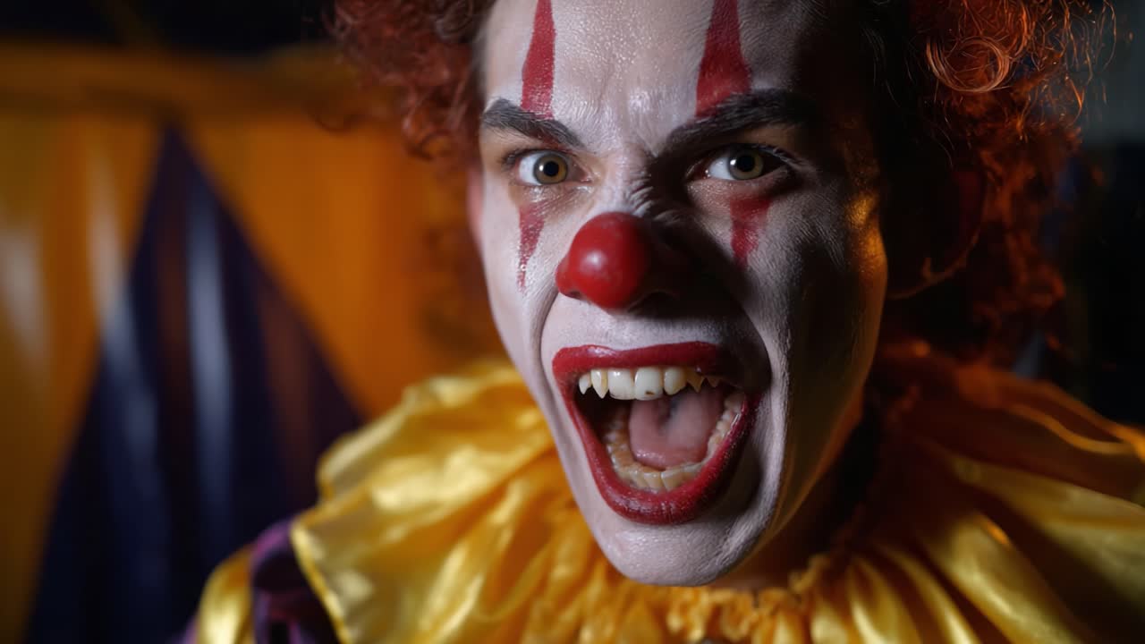 Intense Clown Character Displays a Range of Emotions from Terror to Anger in a Dark Circus Setting with Vibrant Costume Elements