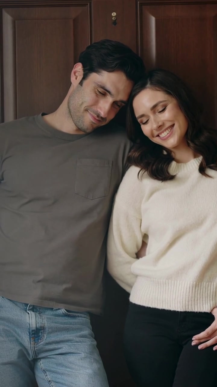 Vídeo vertical: Câmera filmando casal encostando as cabeças, compartilhando carinho em casa, com roupas casuais, através de um olho mágico.