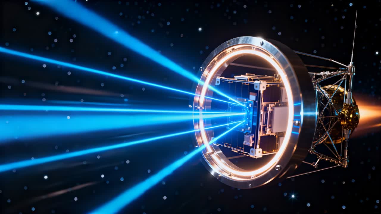 Powering up probe with circular ring and cubic payload projecting ramping blue beams through space