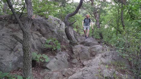 excursionista macho dulce caminando por una montaña rocosa con un camino estrecho, senderismo - tiro medio