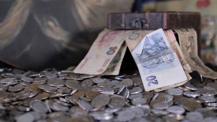 Forziere numismatico, banconote e monete, denaro antico.