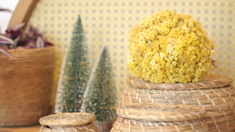 rustic christmas decor with dried flowers and wicker baskets