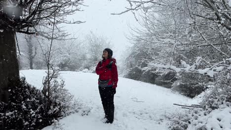 Una-Mujer-Mirando-El-Cielo-En-La-Temporada-De-Invierno-Con-Fuertes-Nevadas-En-El-Paisaje-Natural-Del-Bosque-Maravillosa-Vista-Panorámica-De-La-Nieve-épica-Día-Helado-En-Irán-Parrotia-Persica-En-Colinas-Nevadas-árboles-En-El-Fondo