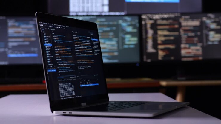 Laptop-Programmierung auf einem Schreibtisch mit Code auf den Bildschirmen.