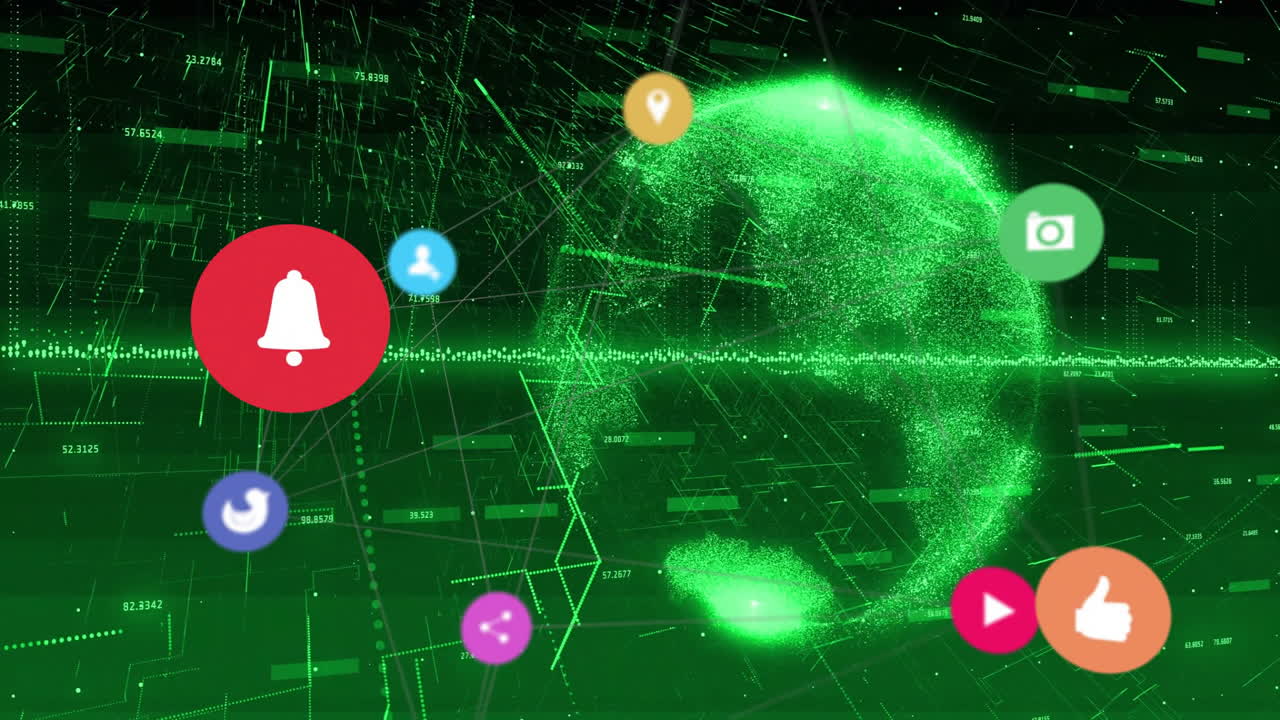 Digital globe with social media icons and data processing animation