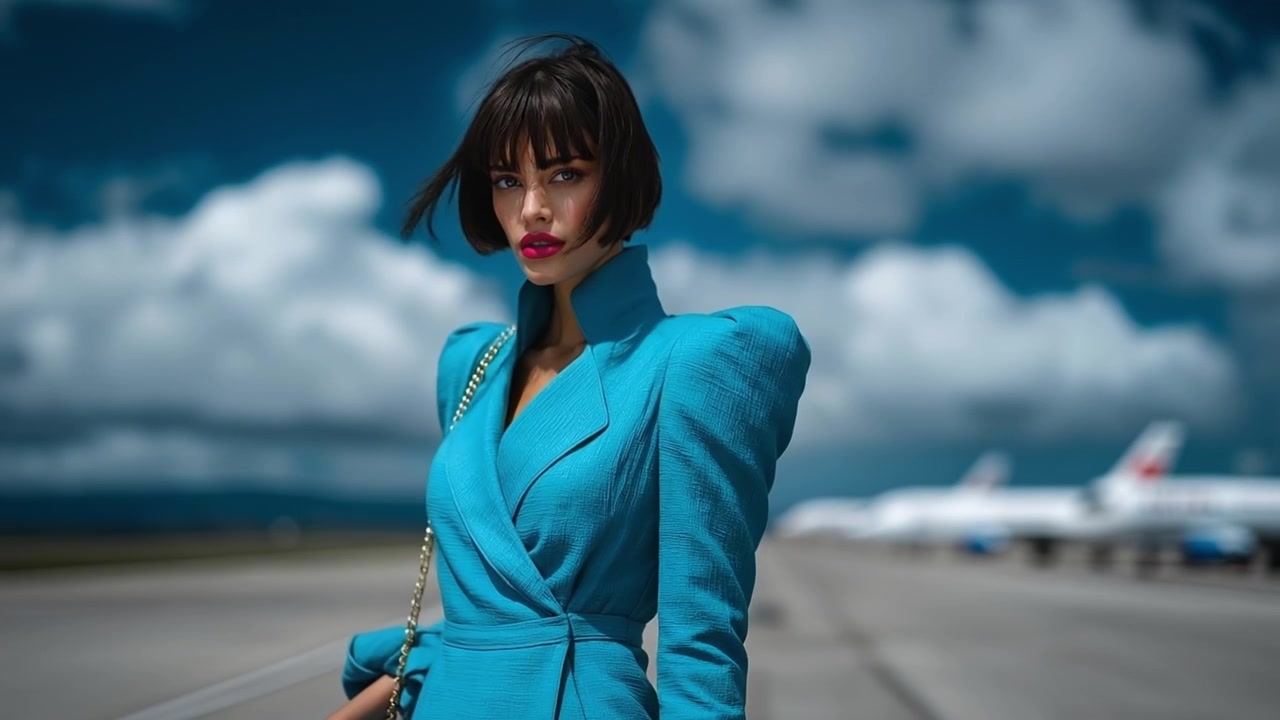 Stylish woman with short dark hair wearing a bright blue jacket at an airport