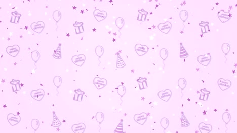 fondo abstracto feliz cumpleaños con globos, sombreros de fiesta y corazones