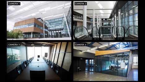 composite de vistas de cuatro cámaras de seguridad que muestran el vestíbulo y las habitaciones en oficinas de negocios