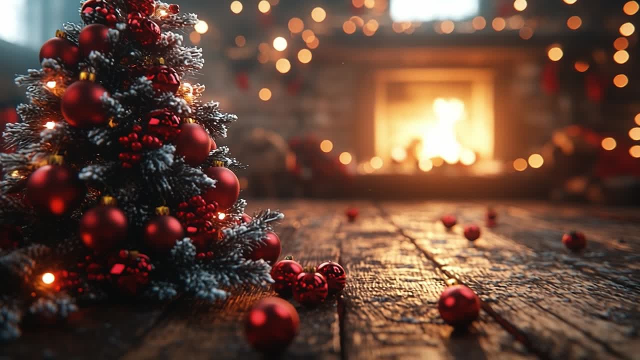 Cozy Christmas setting by the fireplace. Twinkling lights adorn a Christmas tree by a glowing fireplace on a wooden floor, setting a festive mood.