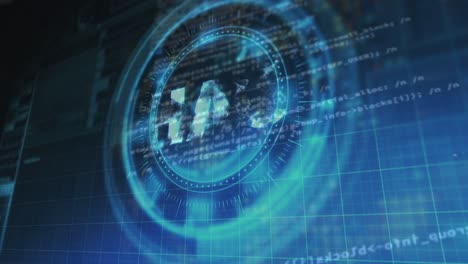 animation of ukraine hryvnia symbol on rotating safe lock over processing data