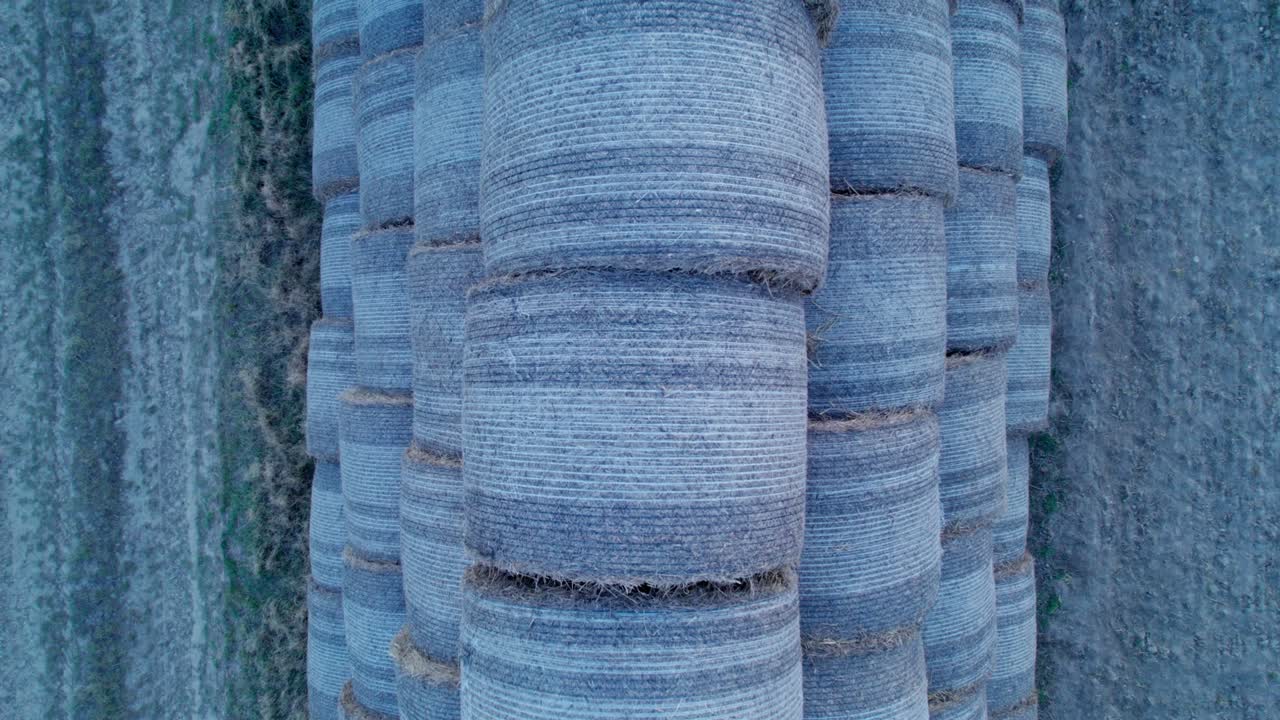 las balas de heno, apiladas en una pirámide, secas en el campo al atardecer.