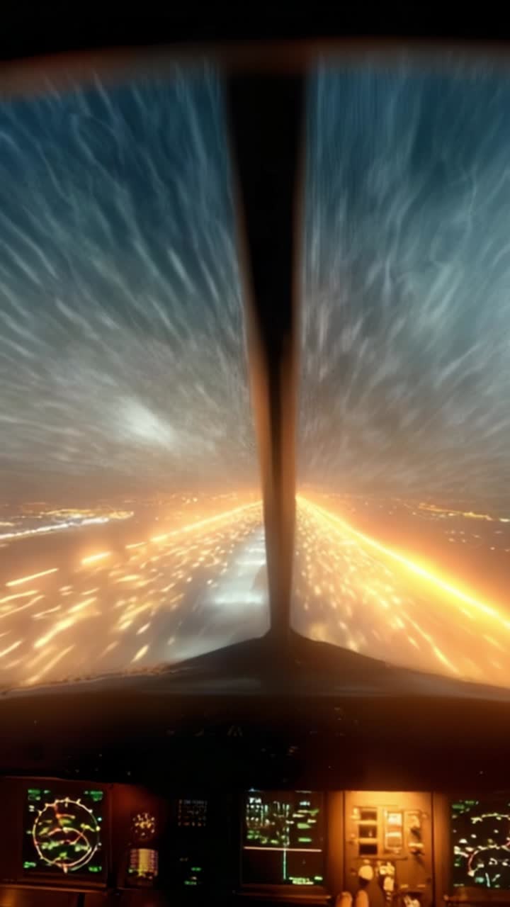Vista Accattivante di una Cabina di Pilotaggio di un Jet Durante una Sequenza di Atterraggio ad Alta Velocità con Luci Scie e Scenario Dinamico Fuori dal Parabrezza