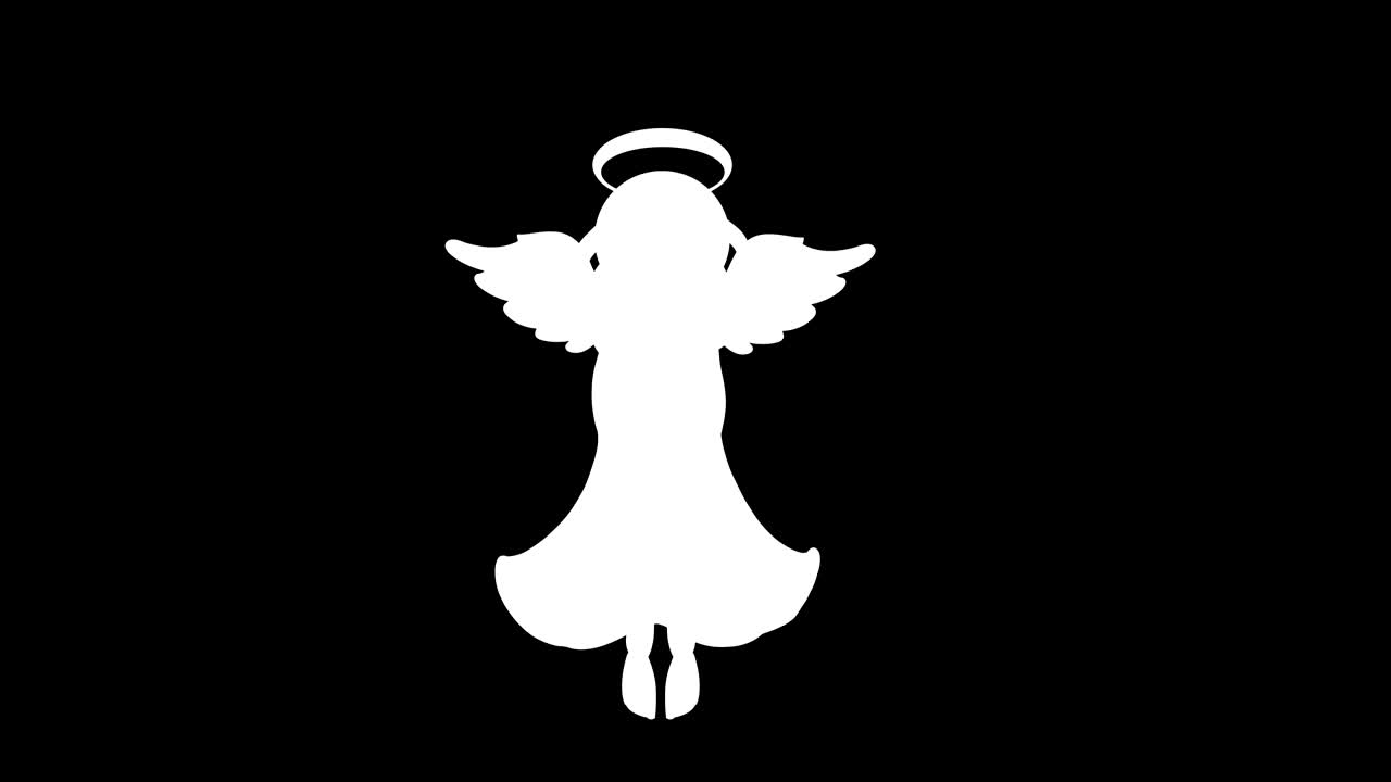 A drawn stylized angel with moving wings and a halo