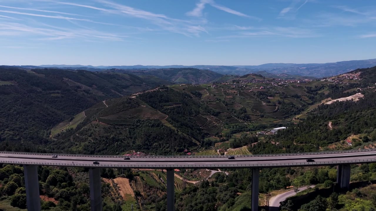 Aerea - Viadotto autostradale di Vila Real, Portogallo, su alti piloni in cemento che attraversa una valle verde