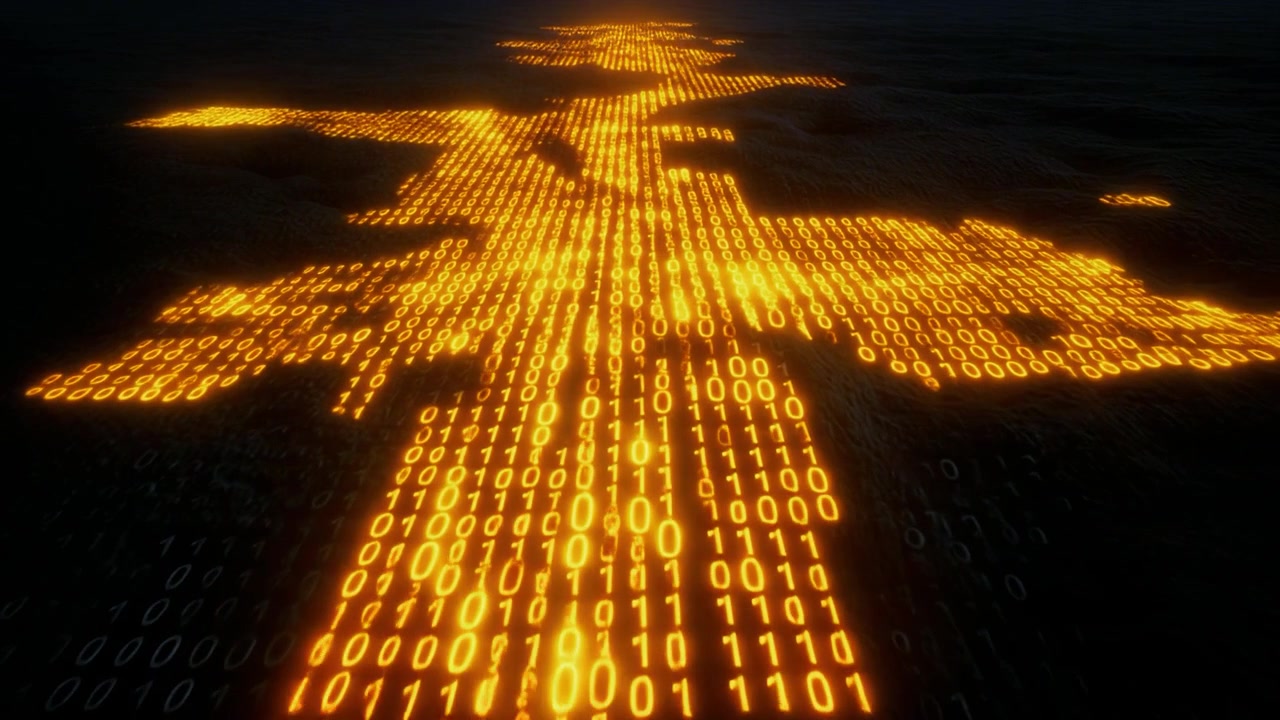 Glowing Binary Code Data Stream Flowing Over Dark Terrain