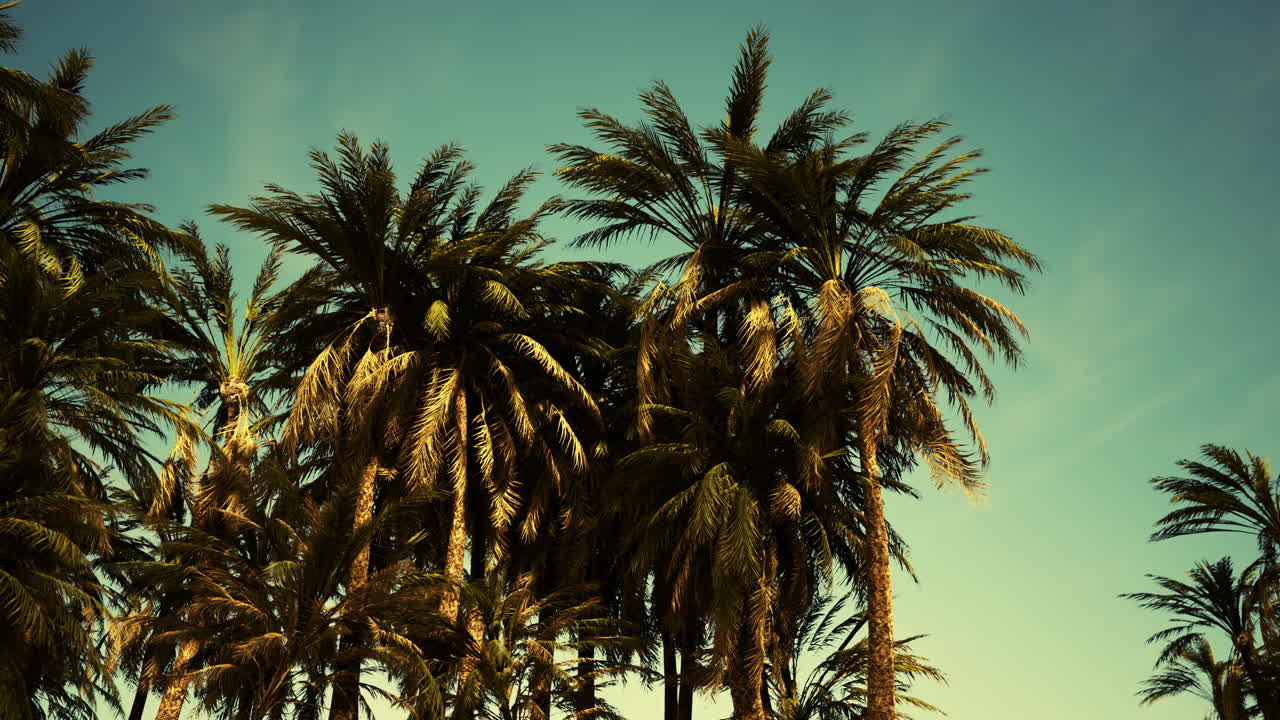 Underside of the coconuts tree with clear sky and shiny sun