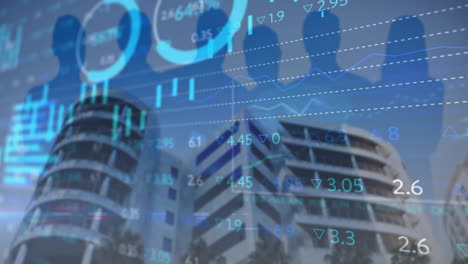 animación del procesamiento de datos financieros sobre siluetas de personas y paisajes urbanos