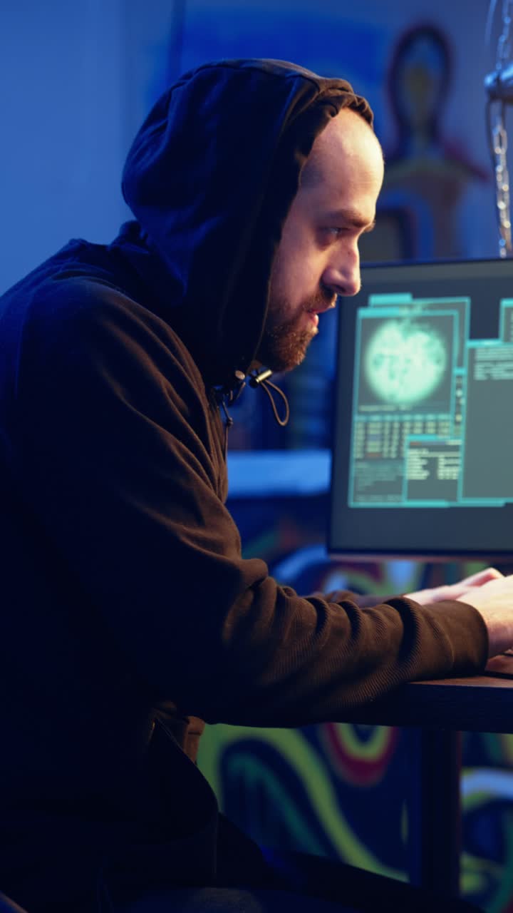 Vertical video Hacker arriving in secret underground base with SSD containing data