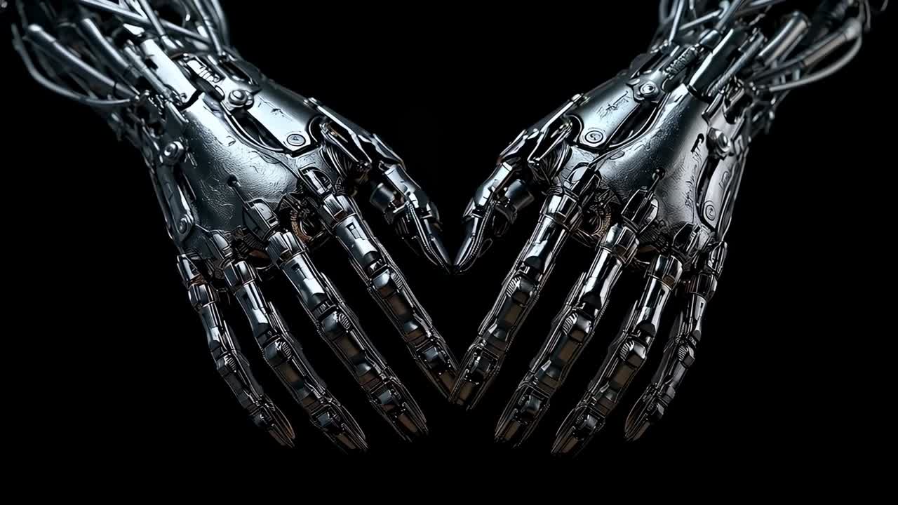Motor starting pair of articulated robot hands aligning fingertips in dark studio, visible joints