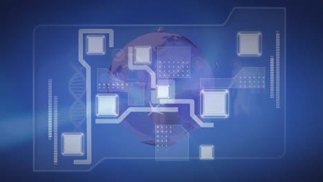 animation of glowing squares with moving lines over rotating globe and helix dna in background