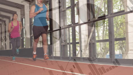 animación del procesamiento de datos estadísticos contra diversos hombres y mujeres en forma que corren en el gimnasio