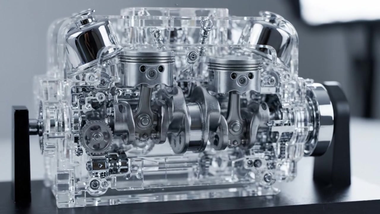 Detailed Examination of a Transparent Engine Model Showcasing Intricate Mechanisms and Engine Components for Educational Purposes