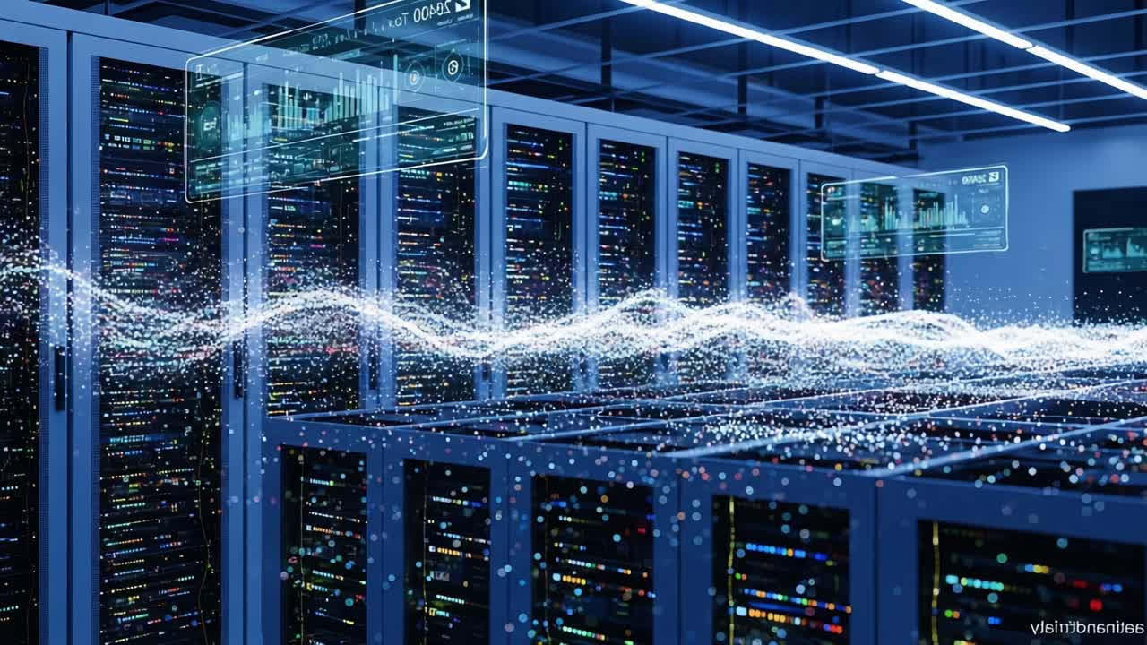 A Futuristic Data Center with Advanced Technology Displaying Digital Graphs and Streams of Information Flowing Through Server Racks