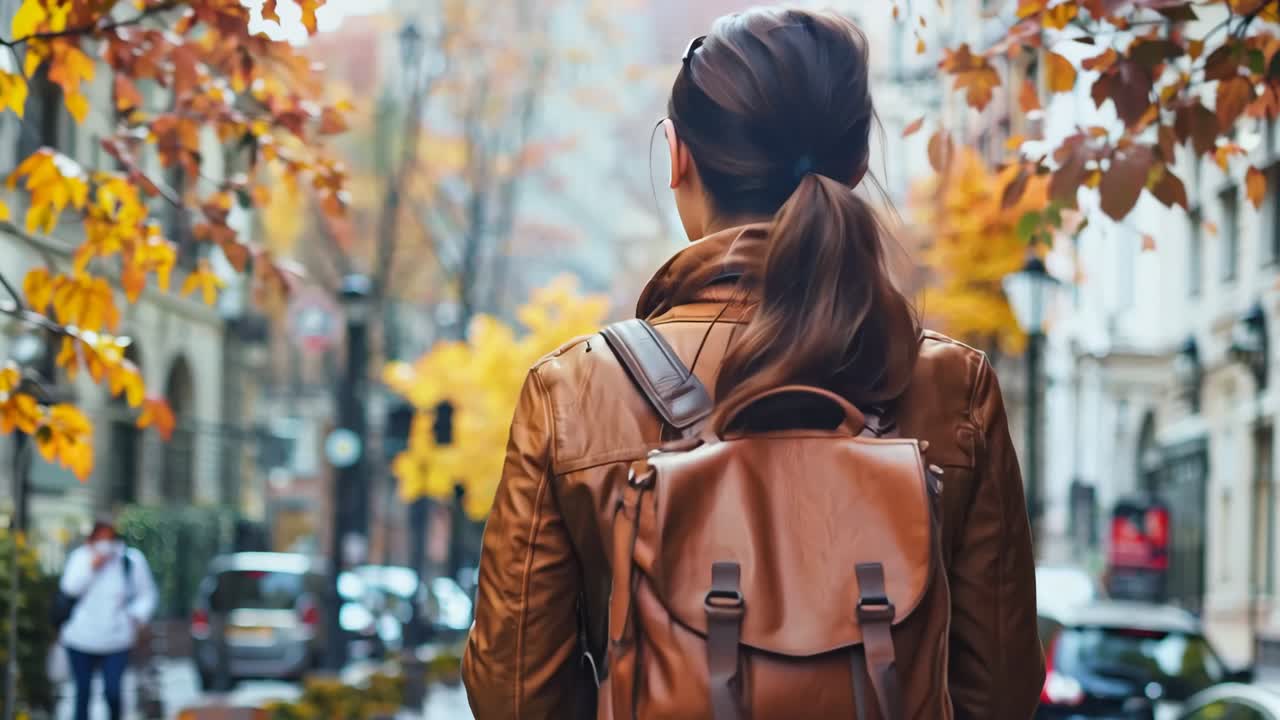una mujer con una mochila caminando por la calle en el otoño