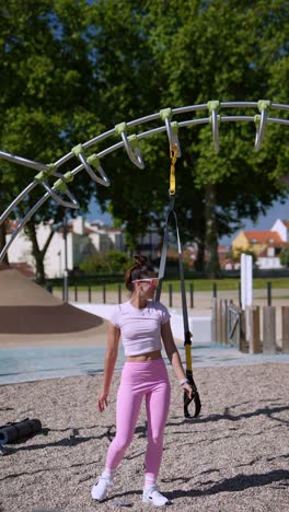 woman doing suspension training in a park