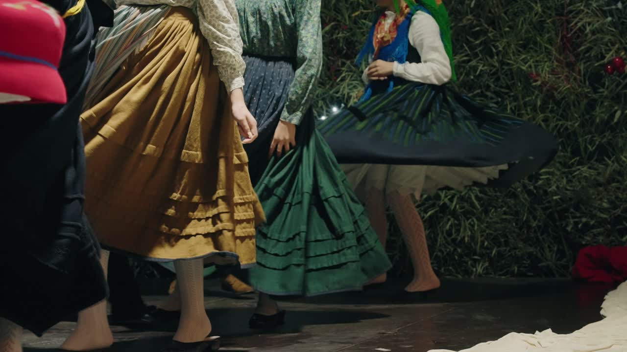 Colorful skirts twirl during a vibrant Portuguese folklore dance performance