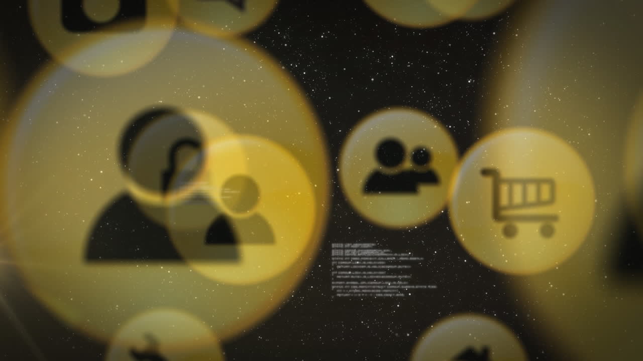 백그라운드에서 데이터 처리와 함께 움직이는 우주에서 인터페이스 아이콘의 네트워크의 애니메이션