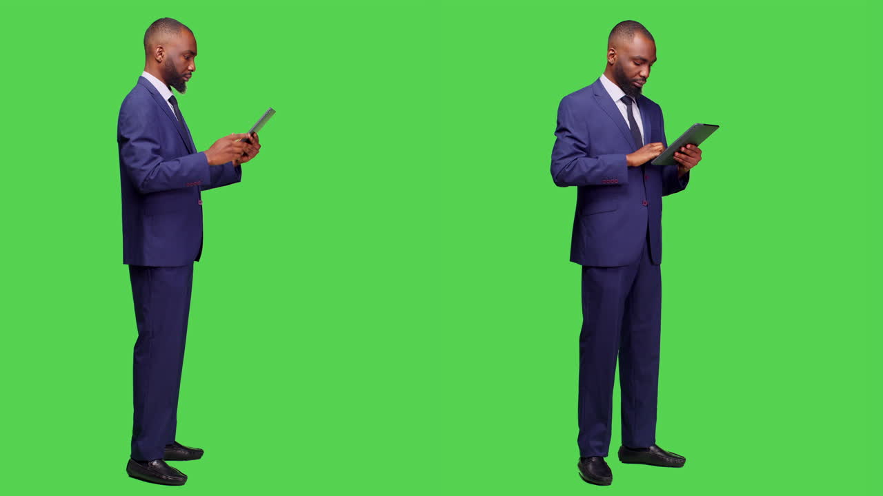 Empresário usando tablet em tela verde