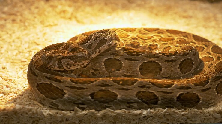 Zooming out of a close-up of a Puff adder Bitis arietans that is coiled inside a glass terrarium, displayed inside a zoo in Bangkok, Thailand