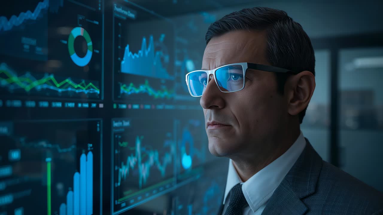 Reacting to data updates, analyst scanning monitors at office with suit tie eyeglasses, copy space