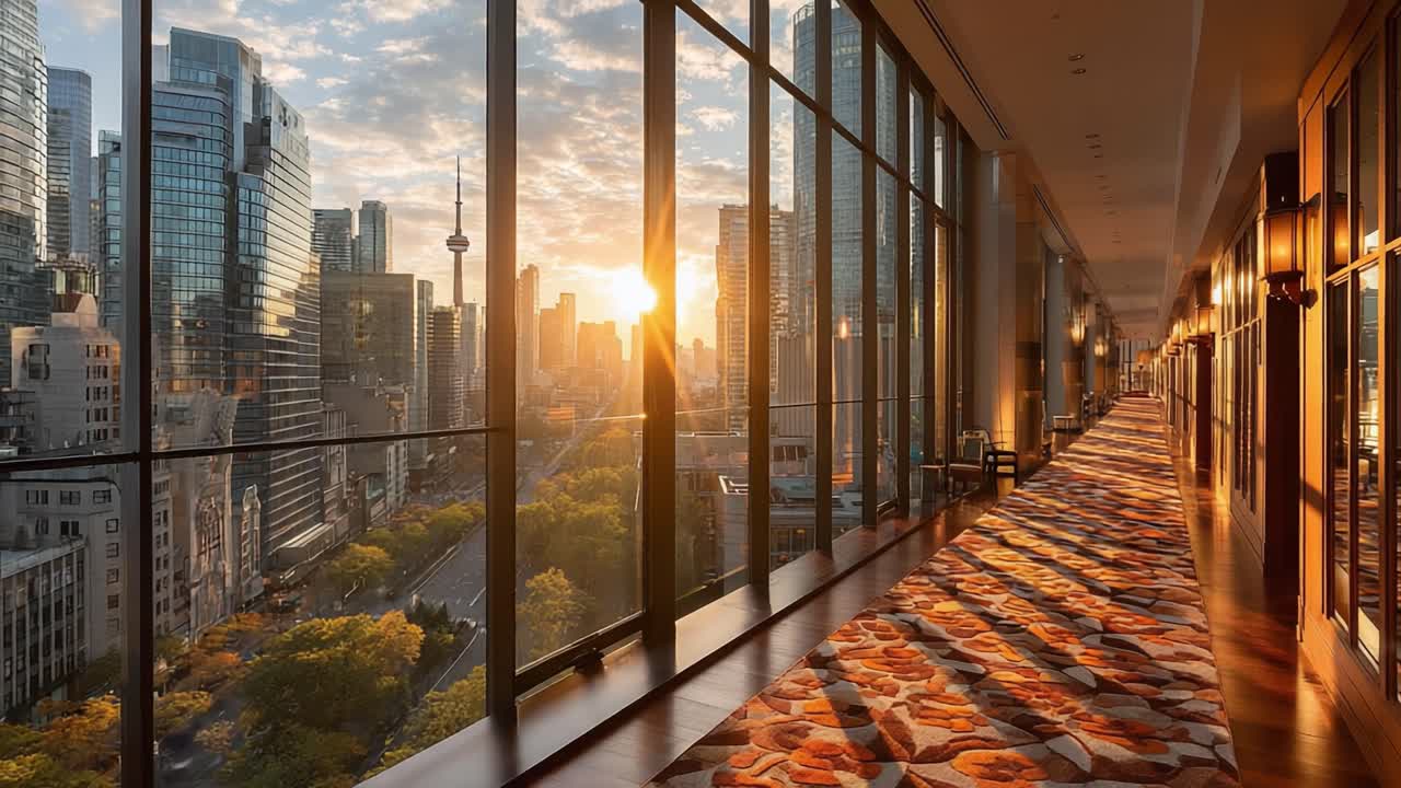Uma vista deslumbrante de uma paisagem urbana ao pôr do sol com vista para arranha-céus através de janelas de vidro, iluminando um corredor luxuoso com padrões e sombras