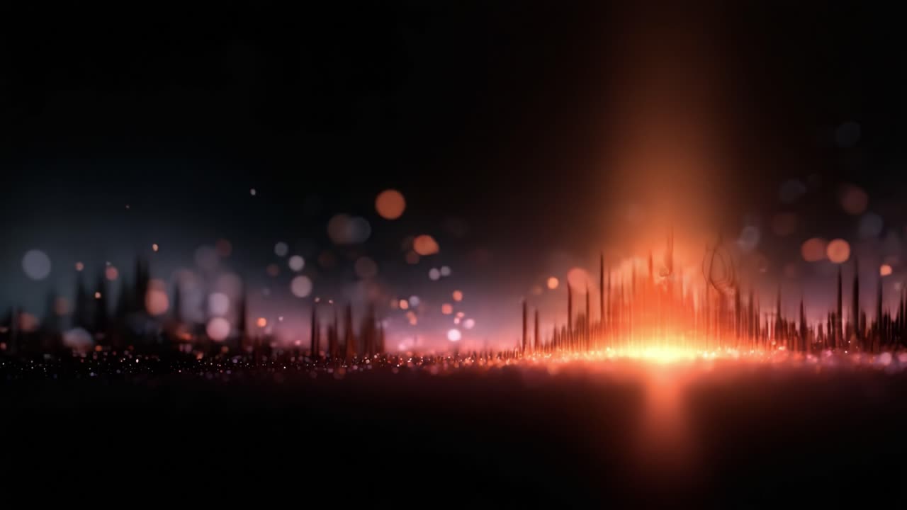 Visuais impressionantes de ondas de luz dinâmicas e frequências sonoras em um espectro digital hipnótico representando música e fluxo de energia
